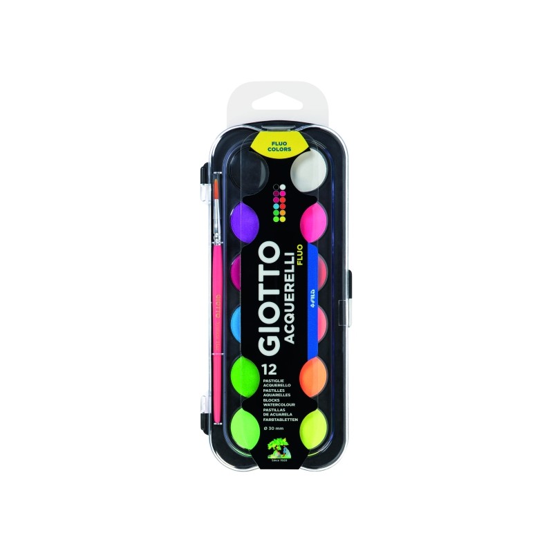 Giotto Fluo Confezione da 12 acquerelli - 1 pennello incluso - Diametro pastiglia 30 mm - Colori fluorescenti