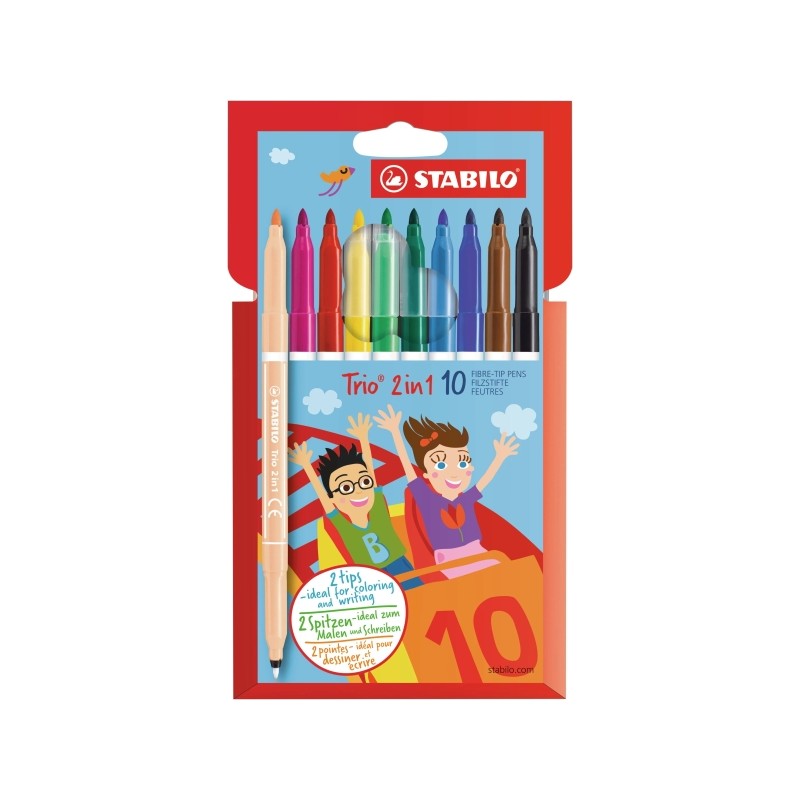 Stabilo Trio 2 in 1. confezione da 10 pennarelli a doppia punta - punta fine da 0.5 mm e punta larga da 2 mm - inchiostr