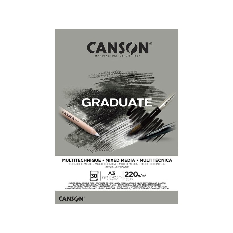 Canson Graduate Mix Media Bloc incollato. 30 fogli A3 - 220 g - grana fine - colore grigio