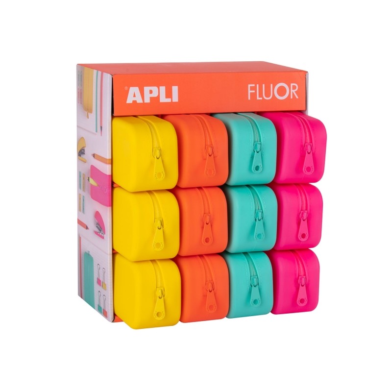 Apli Fluor Espositore da 12 astucci rettangolari in silicone - Impermeabili - Dimensioni 75x185x55 mm - Colori assortiti