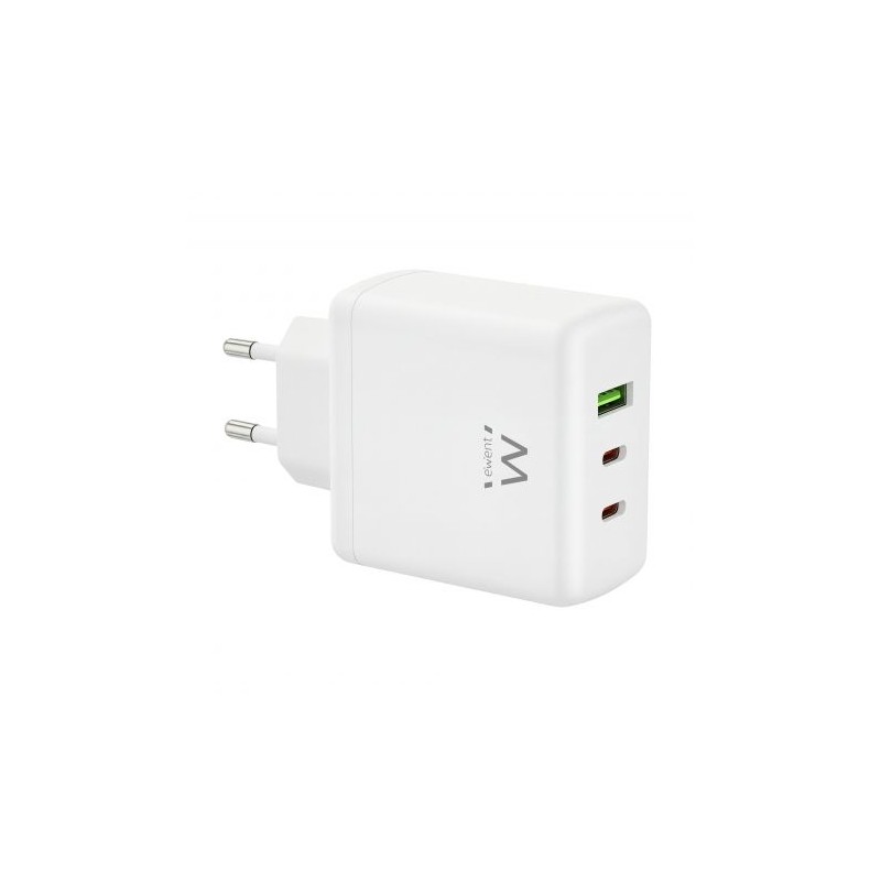 Ewent EW1329 Caricabatterie GaN da 65 W - 2 porte USB-C PD 3.0 - 1 porta USB-A QC 3.0 - Colore: bianco