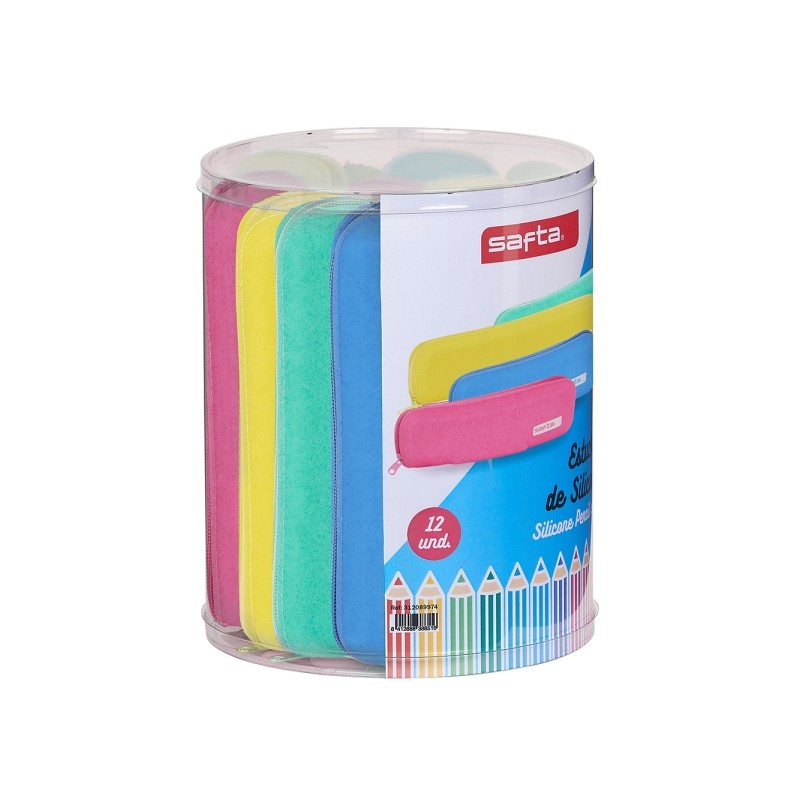 Safta Silicone Glitter - Confezione da 12 astucci piatti - Scatola cilindrica in PVC trasparente - Silicone con glitter 
