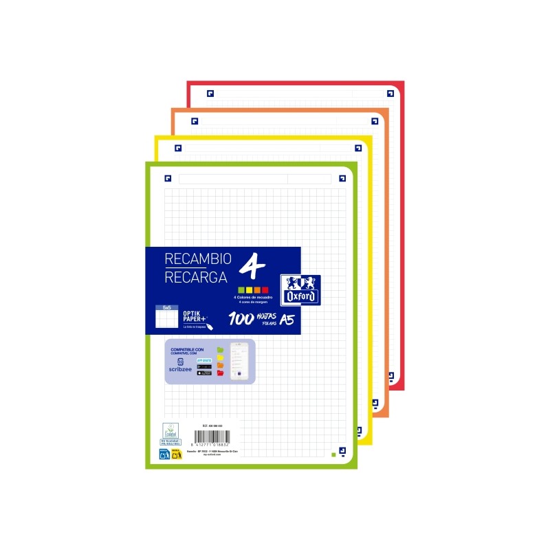 Blocco note Oxford da 100 fogli - Formato A5 - Griglia 5x5 mm - 4 fori - Digitalizzazione dei testi tramite app - Strisc