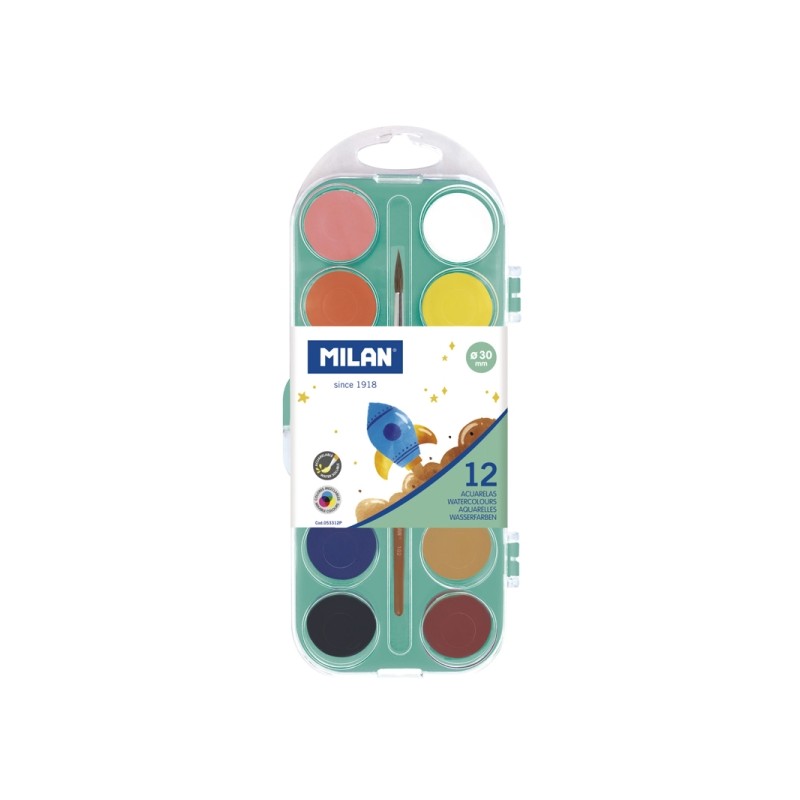 Milan - Tavolozza da 12 acquerelli opachi da 30 mm - Pratica custodia - Pennello incluso - Colori assortiti