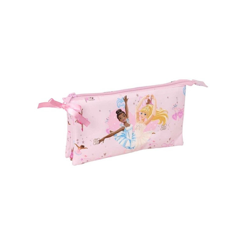 Safta Barbie Ballet Borsa multiuso - 3 scomparti con cerniera - Tasca interna centrale - 22x12x3 cm - Colore rosa