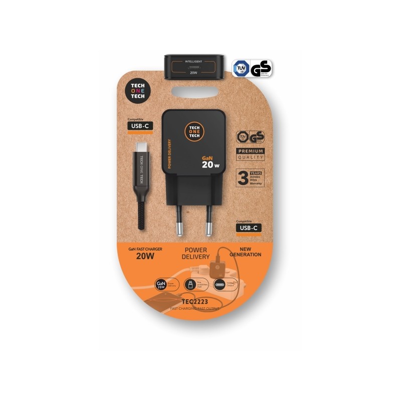 TechOneTech Caricabatterie da muro ultraveloce GaN da 20 W. nero + cavo USB-C