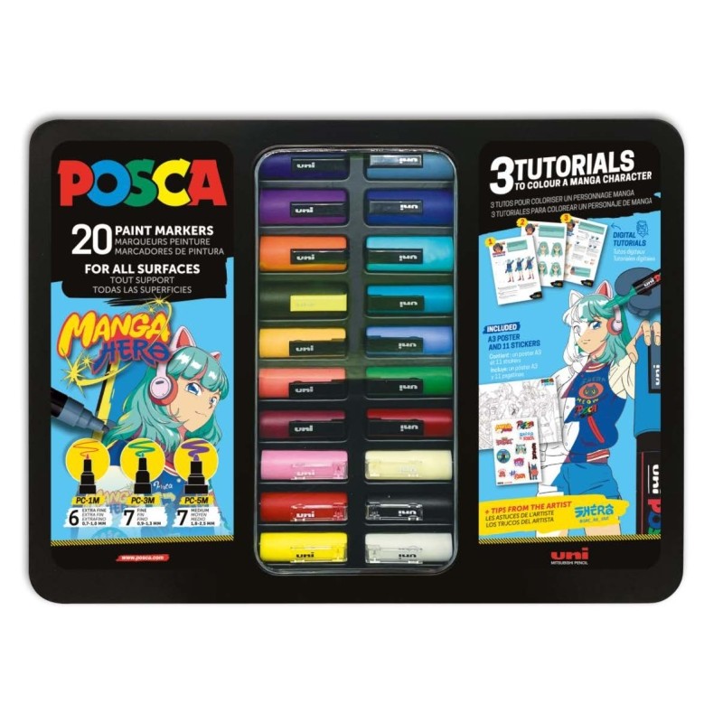 Posca Manga Hero Valigetta metallica con 20 pennarelli + 3 tutorial - Assortimento di colori e tratti - Punta in poliest