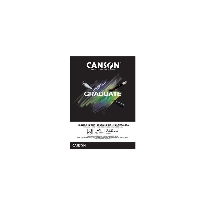 Canson Graduate Mix Media Bloc incollato da 20 fogli A4 - 240 g - Grana fine - Colore nero
