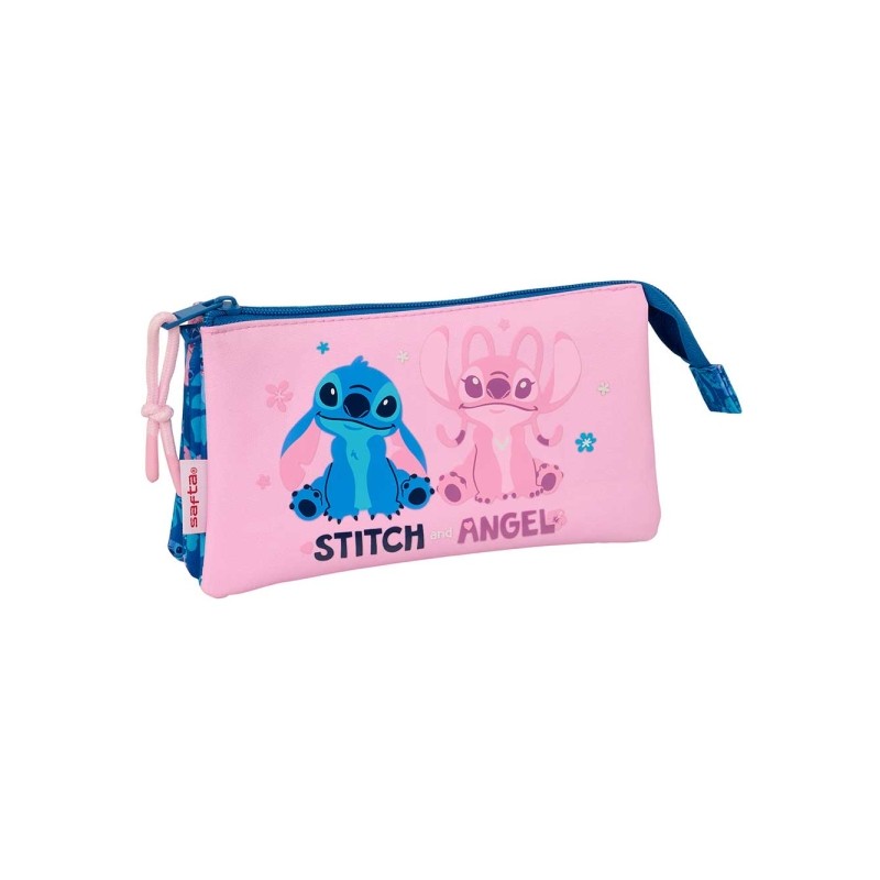 Safta Stitch Lio Portatutto - 3 scomparti con cerniera - Tasca interna centrale - 22x12x3 cm - Colore rosa