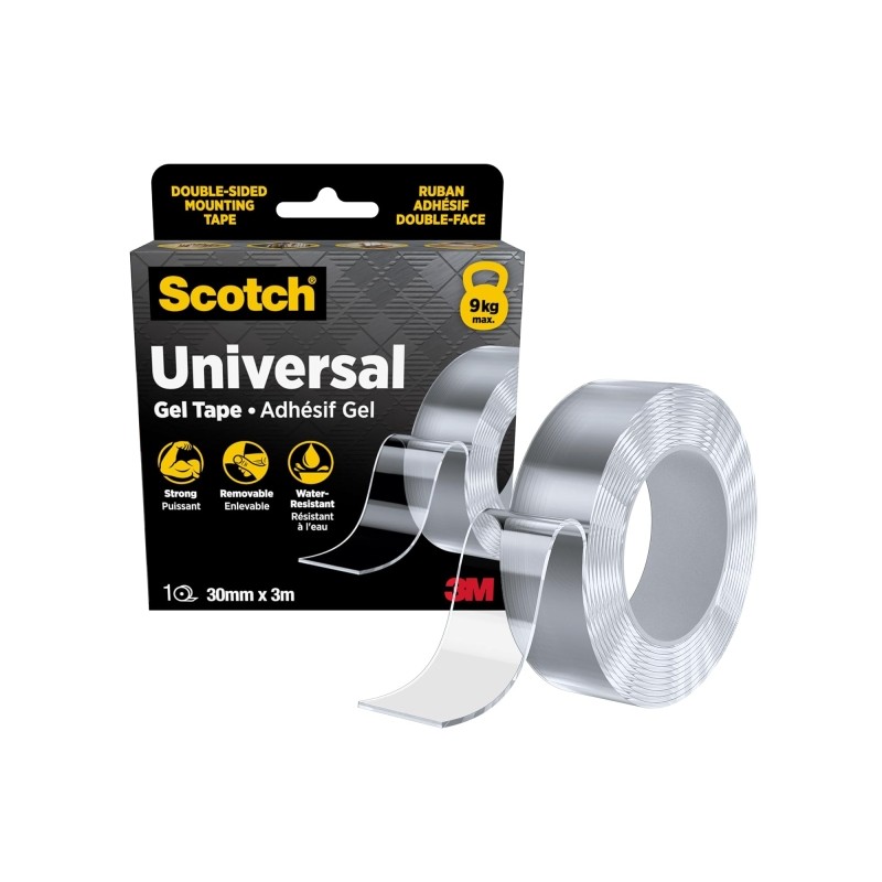 Nastro biadesivo in gel Scotch 30 mm x 3 m - Adesivo rimovibile - Sopporta in sicurezza fino a 9 kg - Trasparente