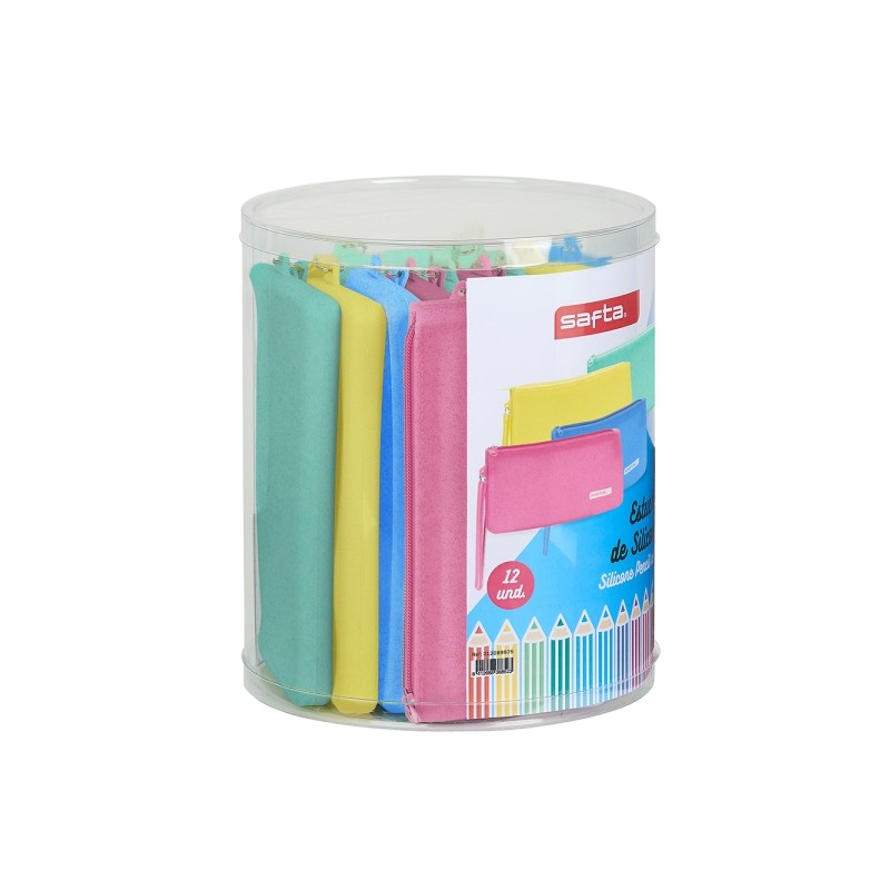 Safta Silicone Glitter - Confezione da 12 astucci piatti - Silicone con glitter - Scatola cilindrica in PVC trasparente 