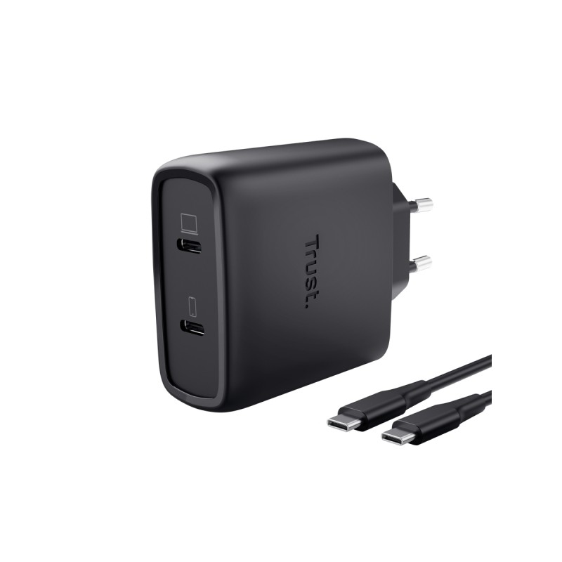 Trust Maxo Caricabatterie da muro - 65 W - GaN - 2xUSB-C - Cavo USB-C da 2 m - Power Delivery - Plastica riciclata - 30x