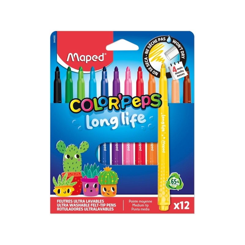 Maped Color`Peps Longlife. confezione da 12 pennarelli con punta media bloccata da 3.7 mm - Inchiostro lavabile - Colori
