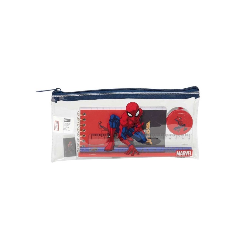 Safta Spider-Man Astuccio - Cerniera - PVC - Righello da 15 cm - 2 matite - Temperamatite - Gomma - Blocco note da 70 fo