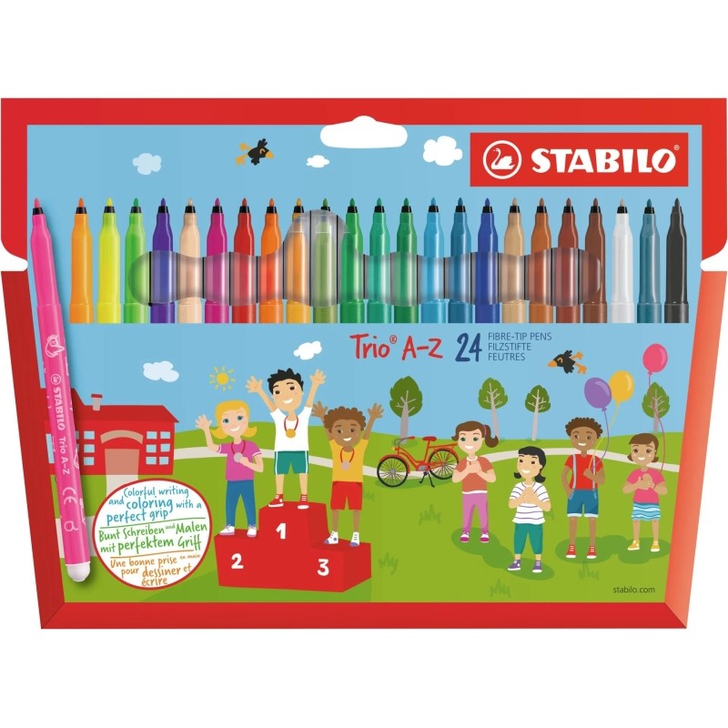 Stabilo Trio A-Z Pack con 24 pennarelli a punta fine in fibra - Spessore tratto 0.7 mm - Inchiostro lavabile - Impugnatu