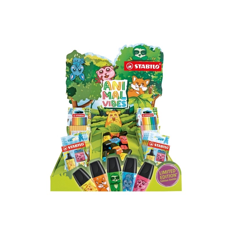 Stabilo Animal Vibes Espositore da tavolo con 30 Boss Mini sfusi. 8 confezioni da 3 Boss Mini. 5 confezioni da 8 Point 8
