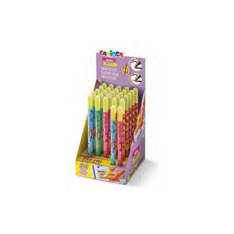 Carioca Memo Switch 2 in 1 Espositore con 25 pennarelli + 2 in omaggio - Una punta sottolinea e l'altra cambia colore - 