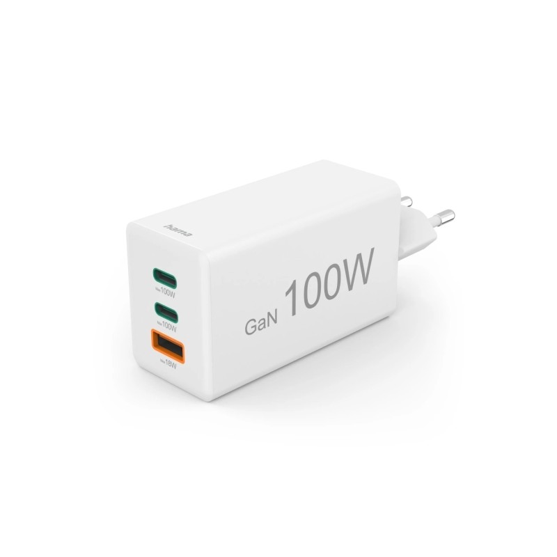 Caricabatterie da muro Hama - Potenza 100 W - 2 porte USB-C - USB-A - Power Delivery - Qualcomm - GaN - Colore: bianco