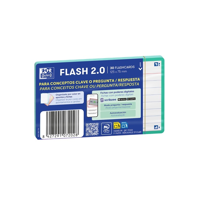 Oxford Confezione da 30 FlashCards 2.0 - Formato A7 - Righe orizzontali a 1 riga - Cartoncino da 250 g - Digitalizzazion