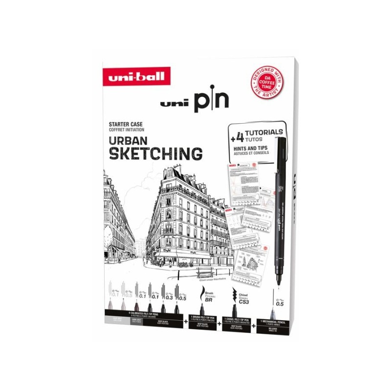 Uni-ball Uni Pin Urban Sketching Pack da 8 pennarelli calibrati 0.1. 0.3. 0.5. Brush e CS3 + 1 portamine Shalaku S + 4 t