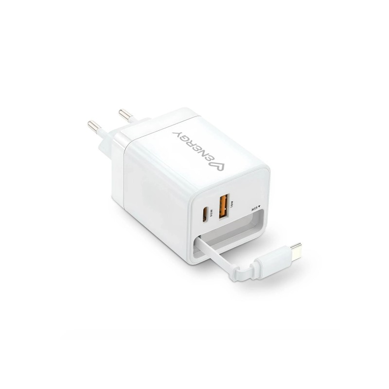 Energy Sistem Caricabatterie retrattile GaN da 20 W - 1 porta USB-C PD. 1 porta USB-A + cavo USB-C retrattile da 60 cm -