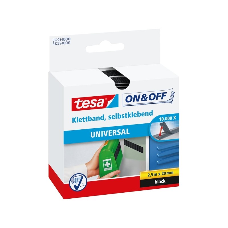 Tesa On e Off Nastro in velcro 20 mm x 2.5 m - Può essere aperto e chiuso fino a 10.000 volte - Colore: nero