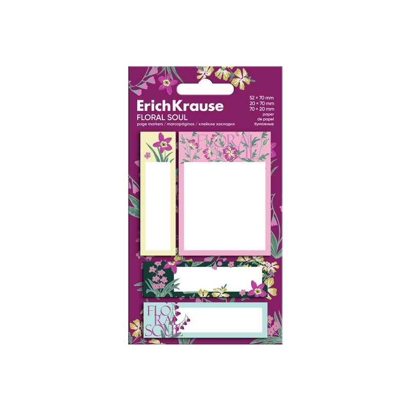 ErichKrause Floral Soul Confezione da 4 blocchi da 20 segnalibri - Riposizionabili - Carta da 75 g/m² - 3 formati diver