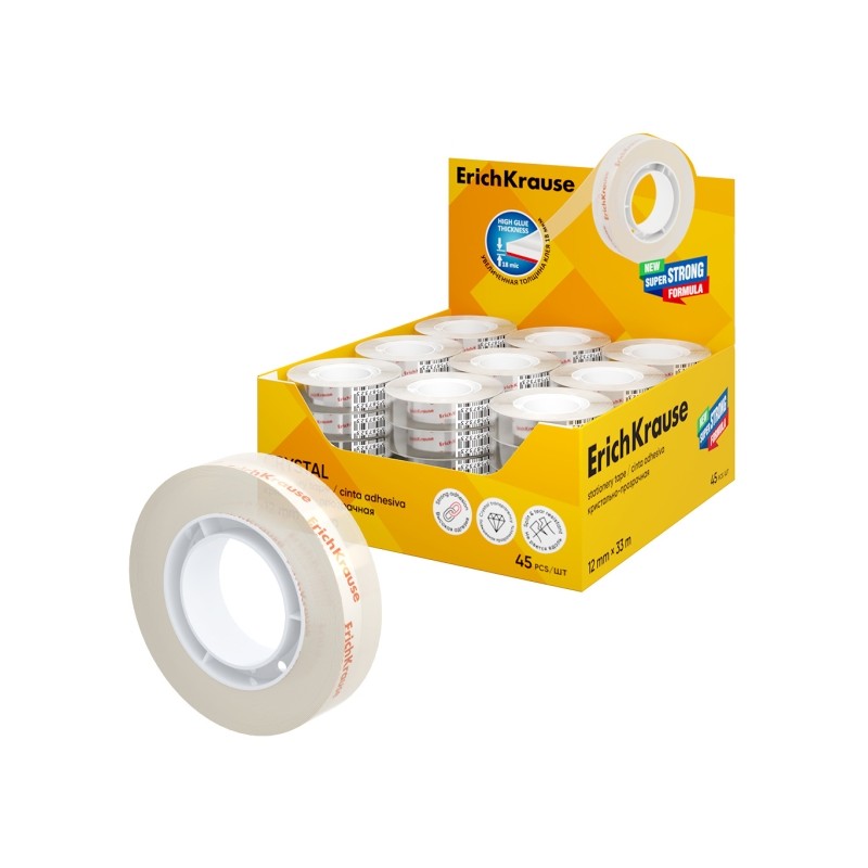 ErichKrause Crystal Espositore con 45 nastri adesivi - Alta adesività - Larghezza 12 mm - 33 metri - Resistente allo st