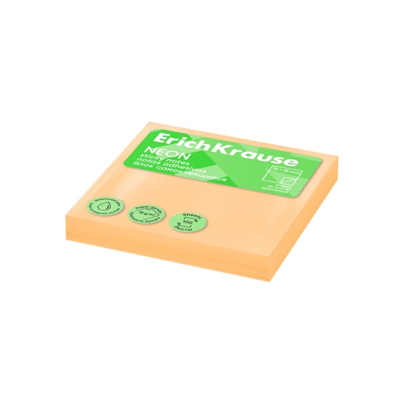 ErichKrause Neon Bloc da 100 foglietti adesivi riposizionabili - Carta da 75 g/m² - 75 x 75 mm - Colla a base d'acqua -