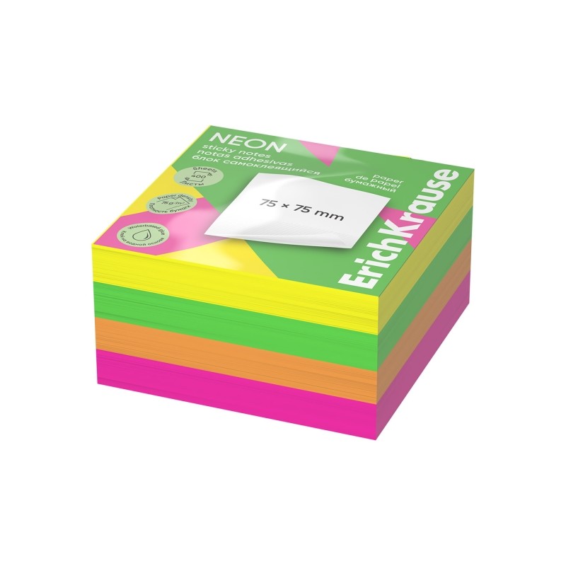 ErichKrause Neon Bloc da 400 foglietti adesivi riposizionabili - Carta da 75 g/m² - 75 x 75 mm - Colla a base d'acqua -