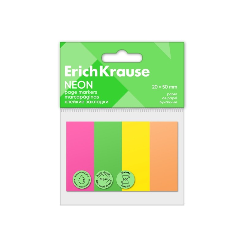 ErichKrause Neon - Confezione da 4 blocchi da 50 segnalibri - Riposizionabili - Carta da 75 g/m² - 20 x 50 mm - Colla a