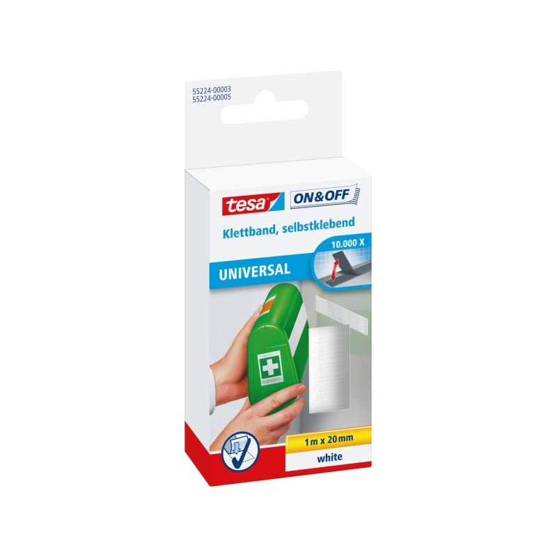 Tesa On e Off Nastro in velcro 20 mm x 1 m - Può essere aperto e chiuso fino a 10.000 volte - Colore bianco