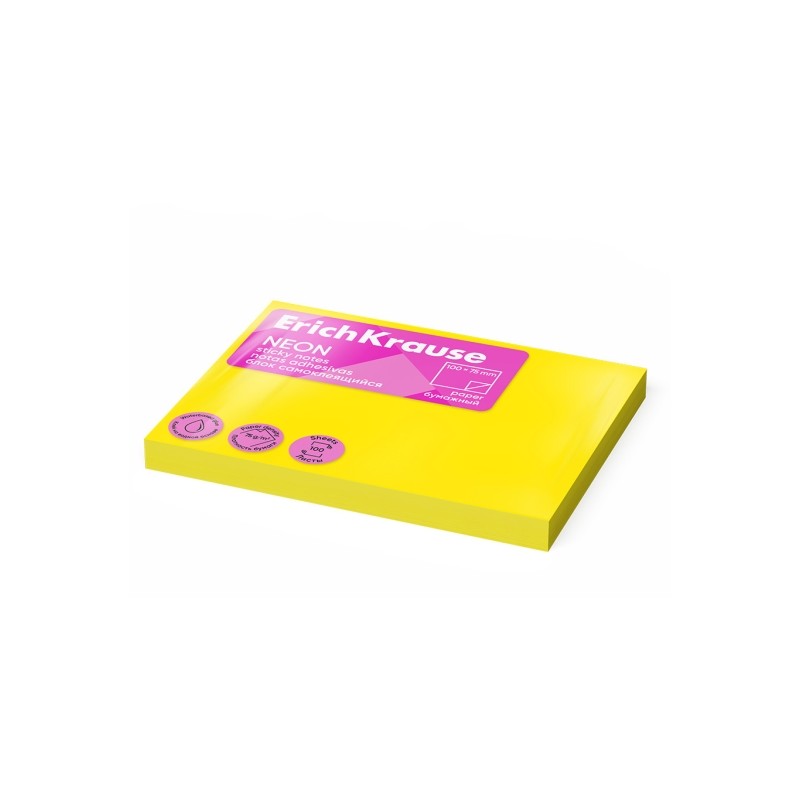 ErichKrause Neon Bloc da 100 foglietti adesivi riposizionabili - Carta da 75 g/m² - 75 x 100 mm - Colla a base d'acqua 