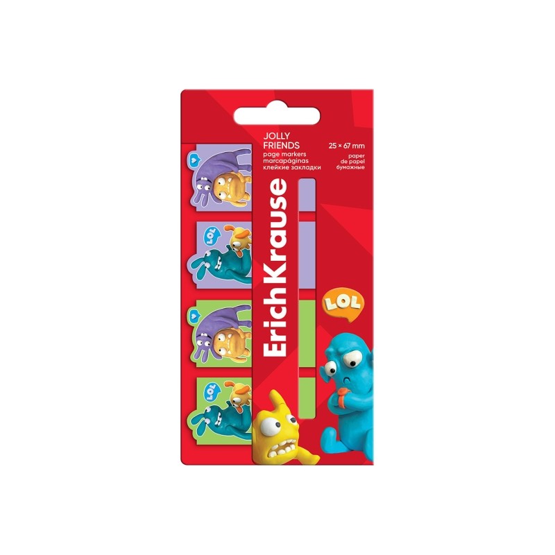 ErichKrause Jolly Friends Confezione da 4 blocchi da 20 segnalibri - riposizionabili - carta da 75 g/m² - 25 x 67 mm - 