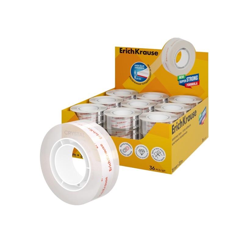 ErichKrause Crystal Espositore con 36 nastri adesivi - Alta adesività - Larghezza 18 mm - 33 metri - Resistente allo st