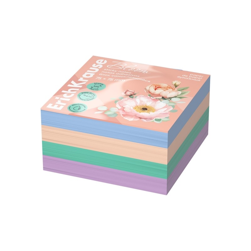 ErichKrause Pastel Bloom Confezione da 400 foglietti adesivi riposizionabili - Carta da 75 g/m² - 75 x 75 mm - Colla a 