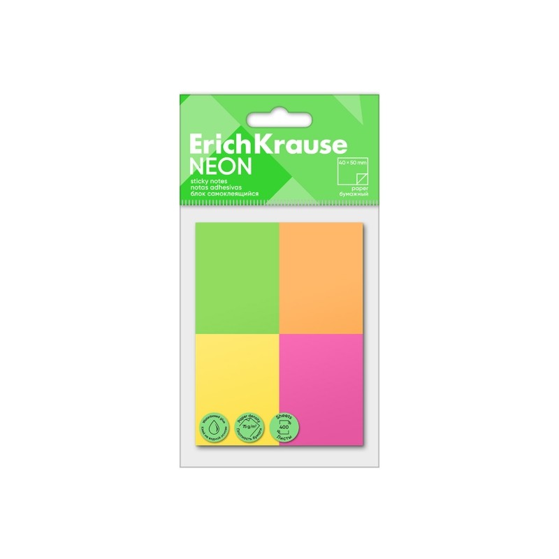 ErichKrause Neon - Confezione da 4 blocchi da 100 post-it riposizionabili - Carta da 75 g/m² - 40 x 50 mm - Colla a bas