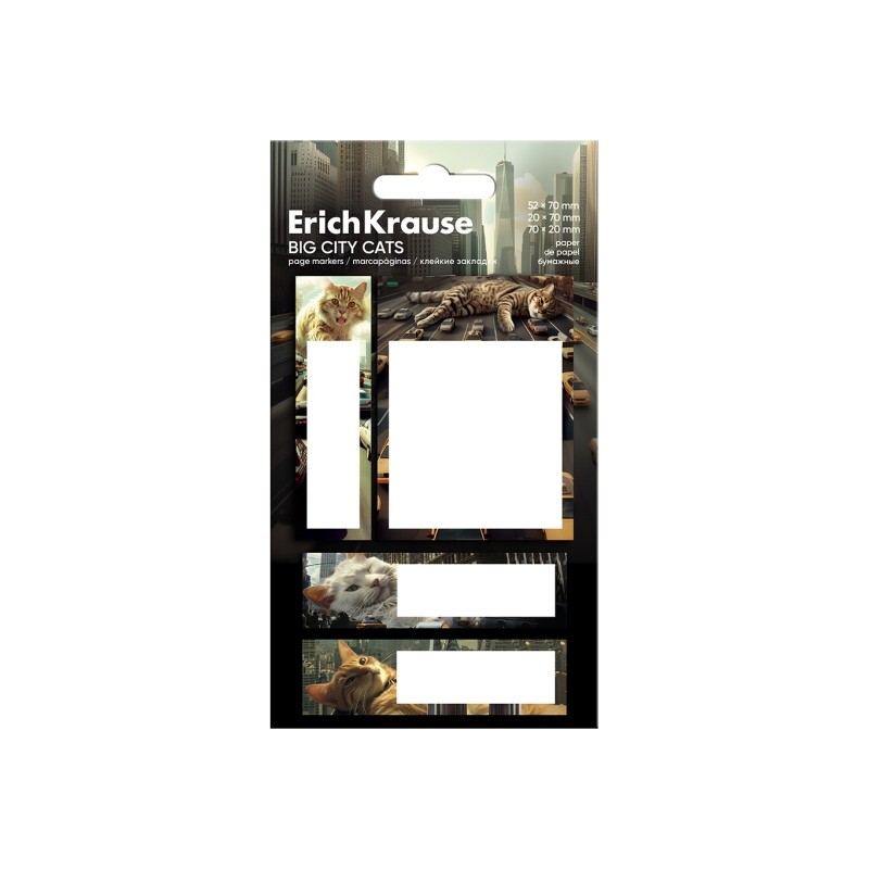 ErichKrause Big City Cats - Confezione da 4 blocchi da 20 segnalibri - Riposizionabili - Carta da 75 g/m² - 3 formati d