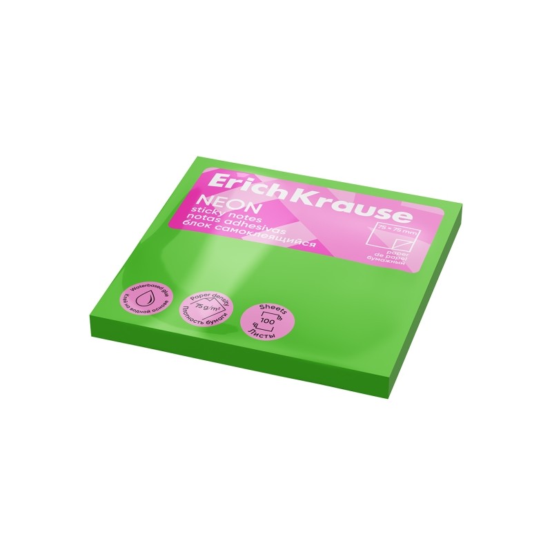 ErichKrause Neon Bloc da 100 foglietti adesivi riposizionabili - Carta da 75 g/m² - 75 x 75 mm - Colla a base d'acqua -