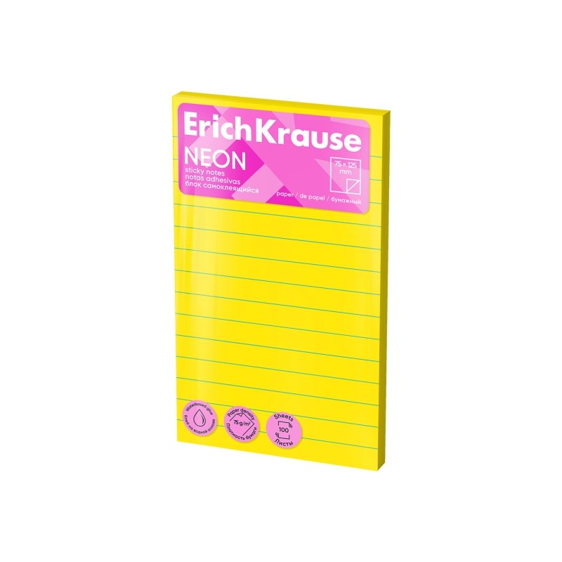 ErichKrause Neon Bloc da 100 foglietti adesivi riposizionabili - Carta da 75 g/m² - 75 x 125 mm - Colla a base d'acqua 