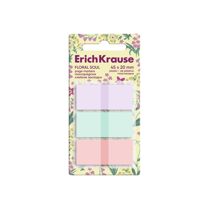 ErichKrause Floral Soul Confezione da 3 blocchi da 20 segnalibri - Riposizionabili - Plastica - 20x45 mm - Colori assort