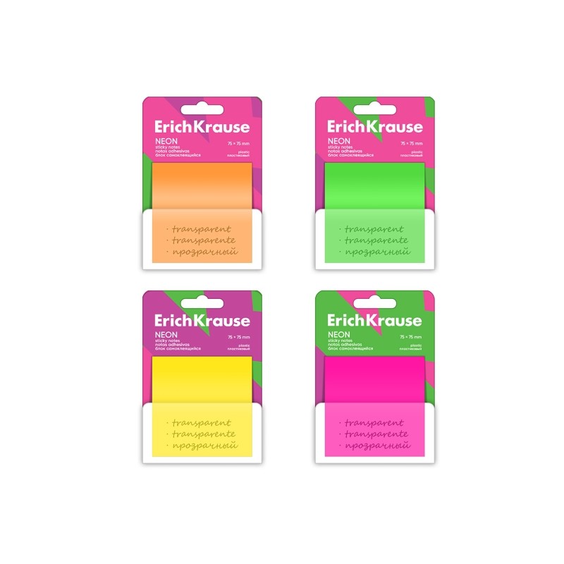ErichKrause Neon Bloc da 50 post-it riposizionabili - Plastica - 75x75 mm - Colla a base d'acqua - Colori assortiti