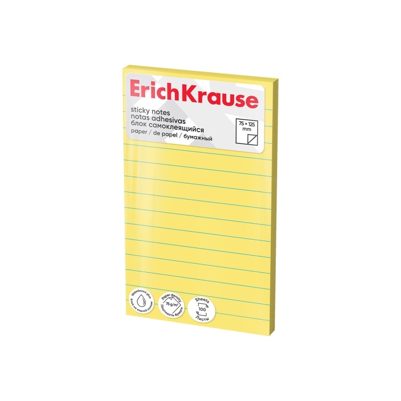 ErichKrause Blocco da 100 post-it riposizionabili - Carta da 75 g/m² - 75 x 125 mm - Colla a base d'acqua - Colore gial
