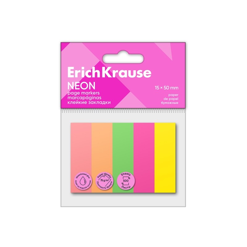 ErichKrause Neon - Confezione da 5 blocchi da 100 segnalibri - Riposizionabili - Carta da 75 g/m² - 15 x 50 mm - Colori