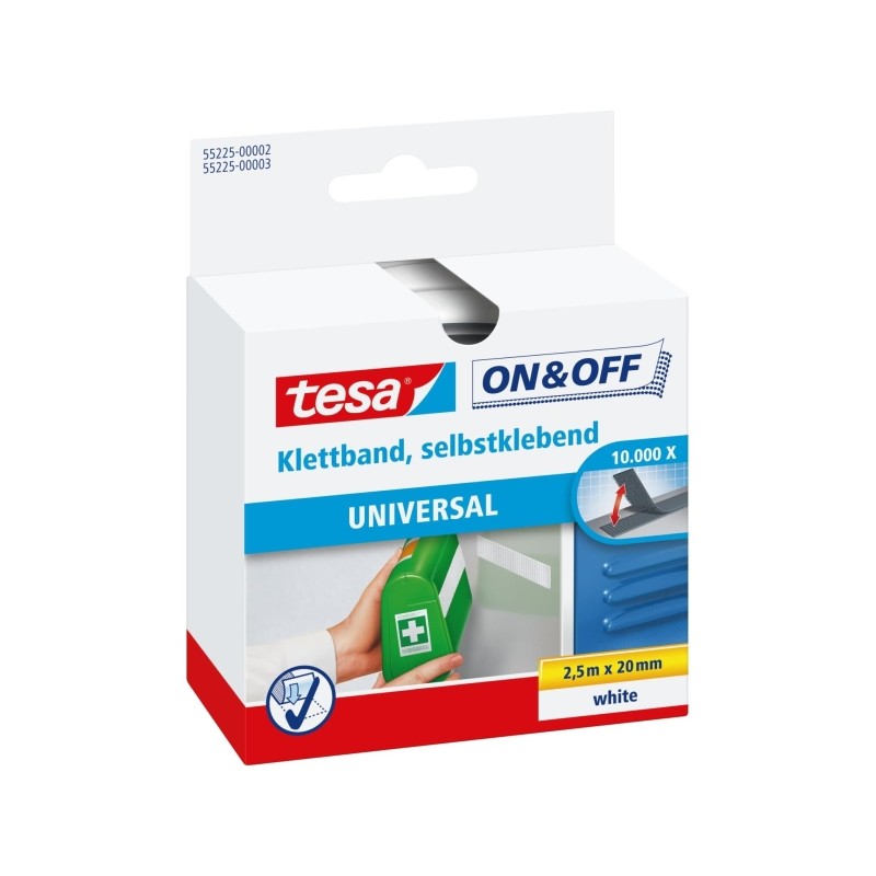 Tesa On e Off Nastro in velcro 20 mm x 2.5 m - Può essere aperto e chiuso fino a 10.000 volte - Colore bianco