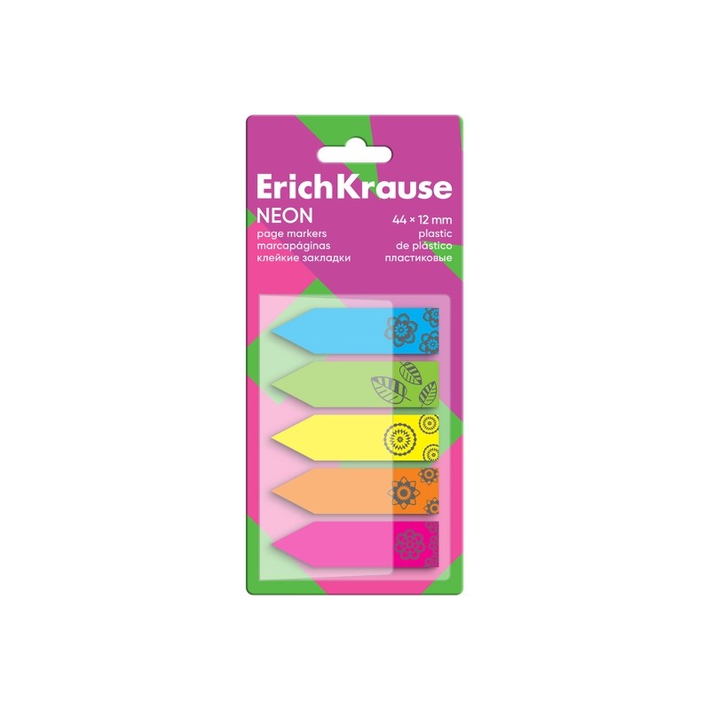 ErichKrause Neon - Confezione da 5 blocchi da 20 segnalibri - Riposizionabili - Plastica - 12×44 mm - Colori assortiti