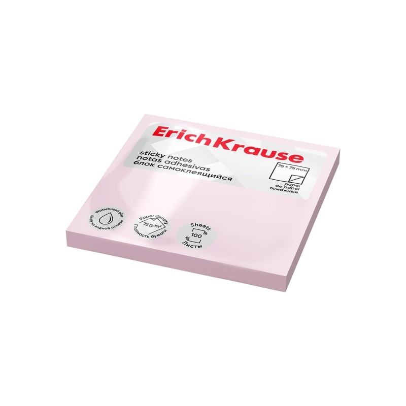 ErichKrause Blocco da 100 post-it riposizionabili - Carta da 75 g/m² - 75 x 75 mm - Colla a base d'acqua - Colore rosa