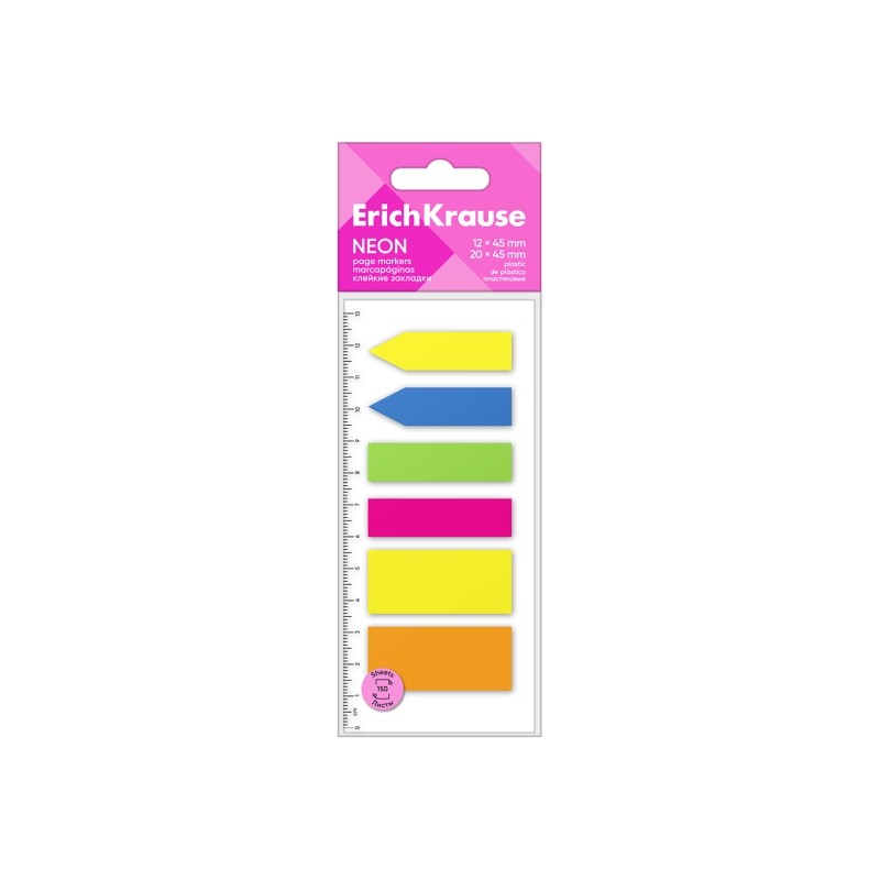 ErichKrause Neon - Confezione da 6 blocchi da 25 segnalibri - Riposizionabili - Plastica - 12x45 mm - Colori assortiti
