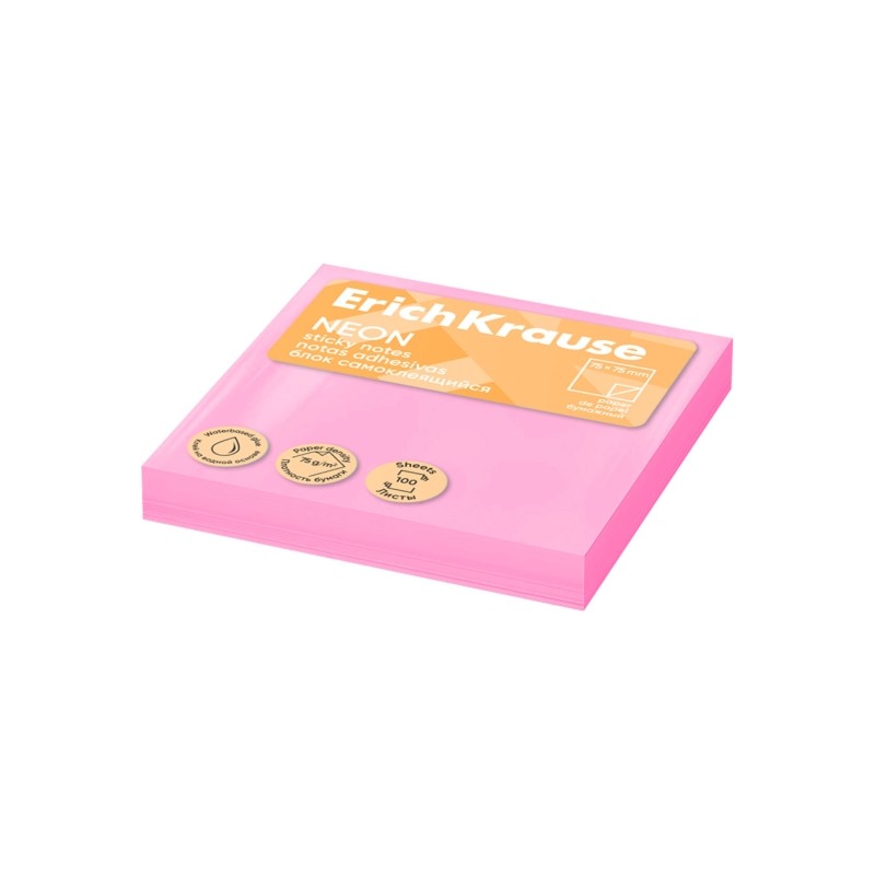 ErichKrause Neon Bloc da 100 foglietti adesivi riposizionabili - Carta da 75 g/m² - 75x75 mm - Colla a base d'acqua - C
