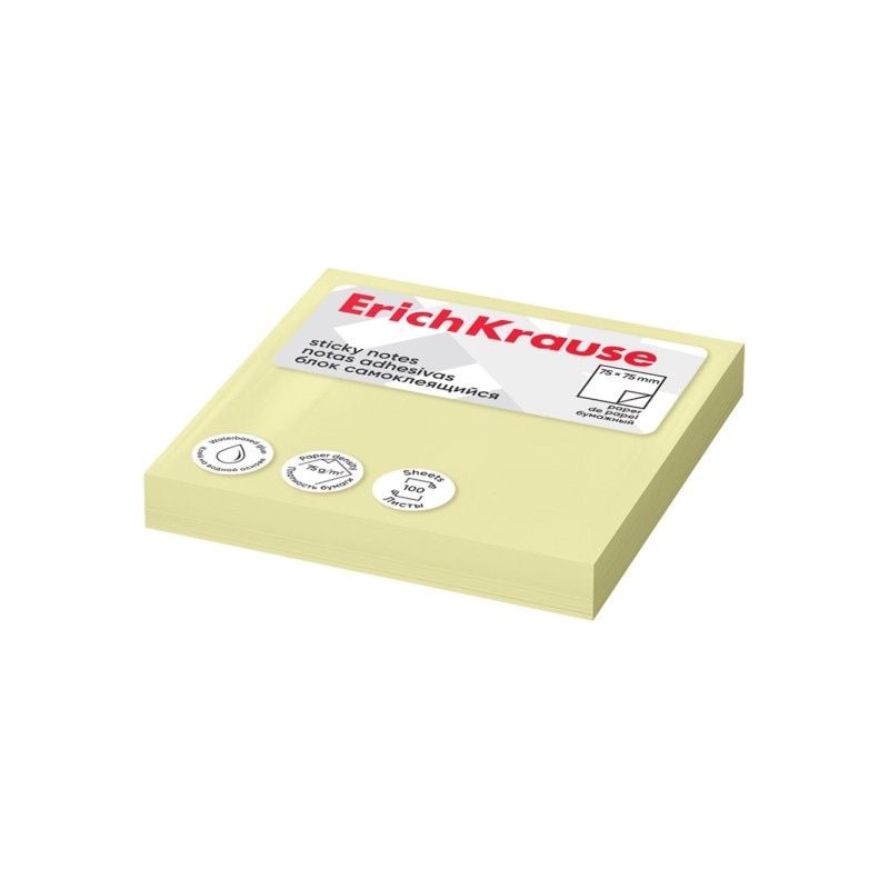 ErichKrause Blocco da 100 post-it riposizionabili - Carta da 75 g/m² - 75 x 75 mm - Colla a base d'acqua - Colore giall